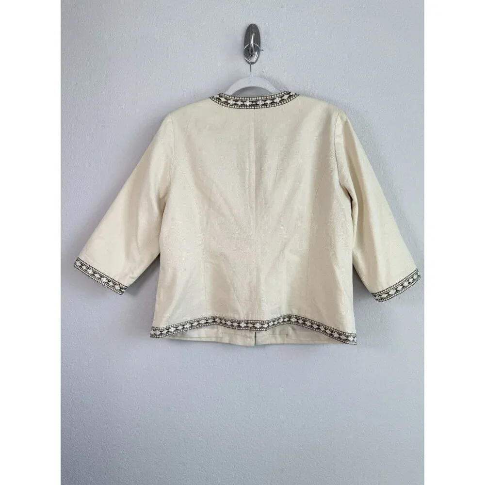 CHICO'S Women’s Embellished Jacket Tan Beige Embroidered‎ 3/4 Sleeves Size 2